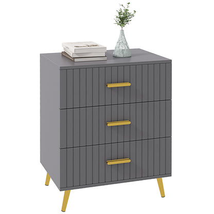 Momase Tall Wooden Grey And Gold Tone 3 Drawer Embossed Bedside Table