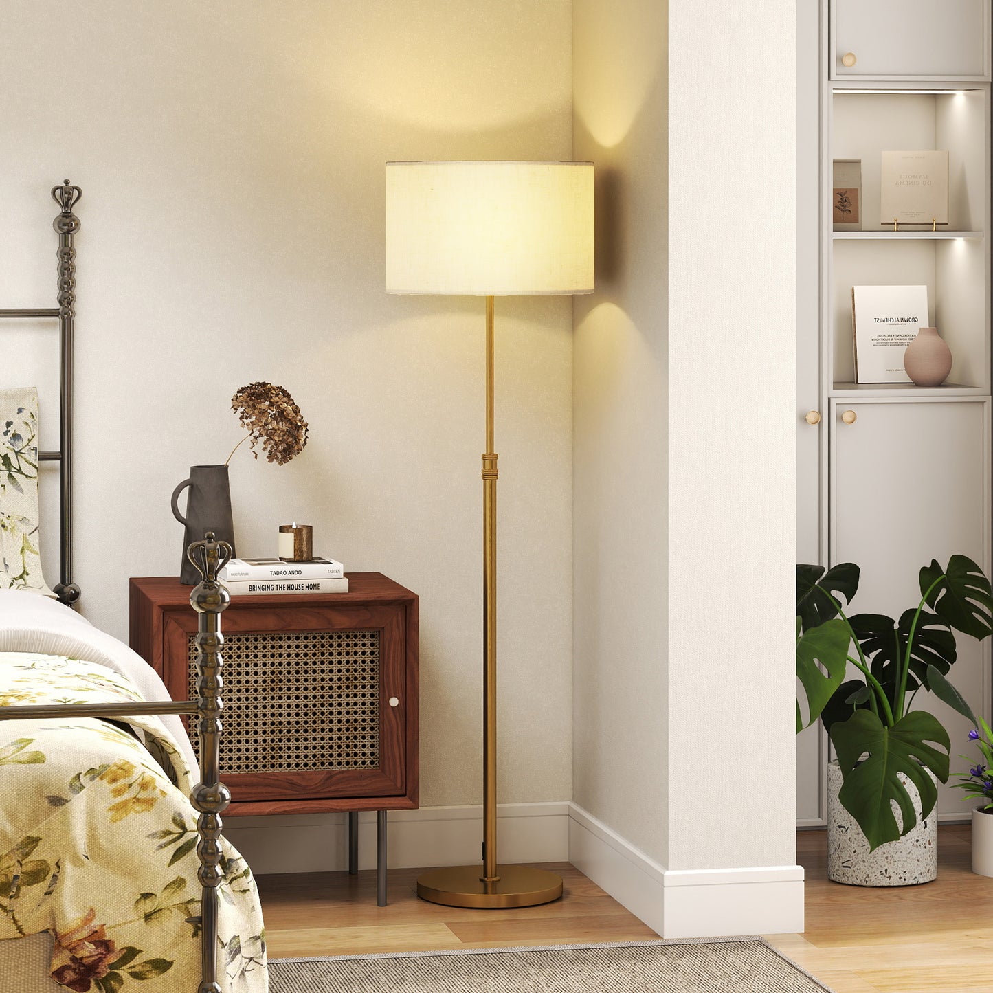 Mava Metal Gold Tone Adjustable Floor Lamp With Linen Shade Dimmable