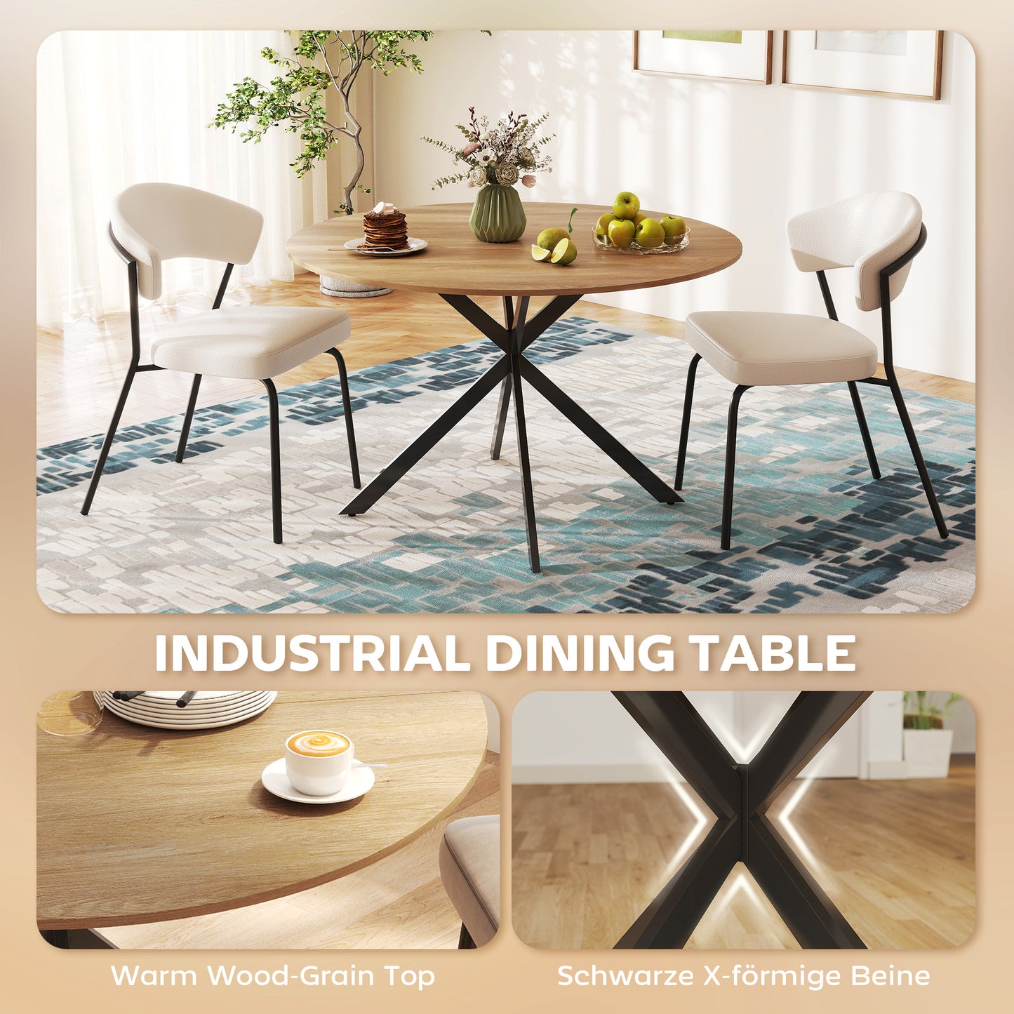 Luhalari Metal And Wood Oak Finish Industrial Dining Table Seating 4 120 cm