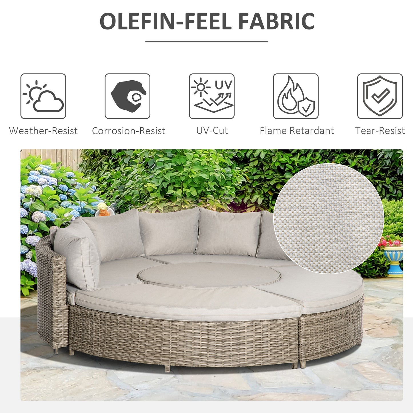 Rolipa Faux Rattan Grey 5 Piece Round Outdoor Daybed Set With Lift Up Coffee Table And Cover
