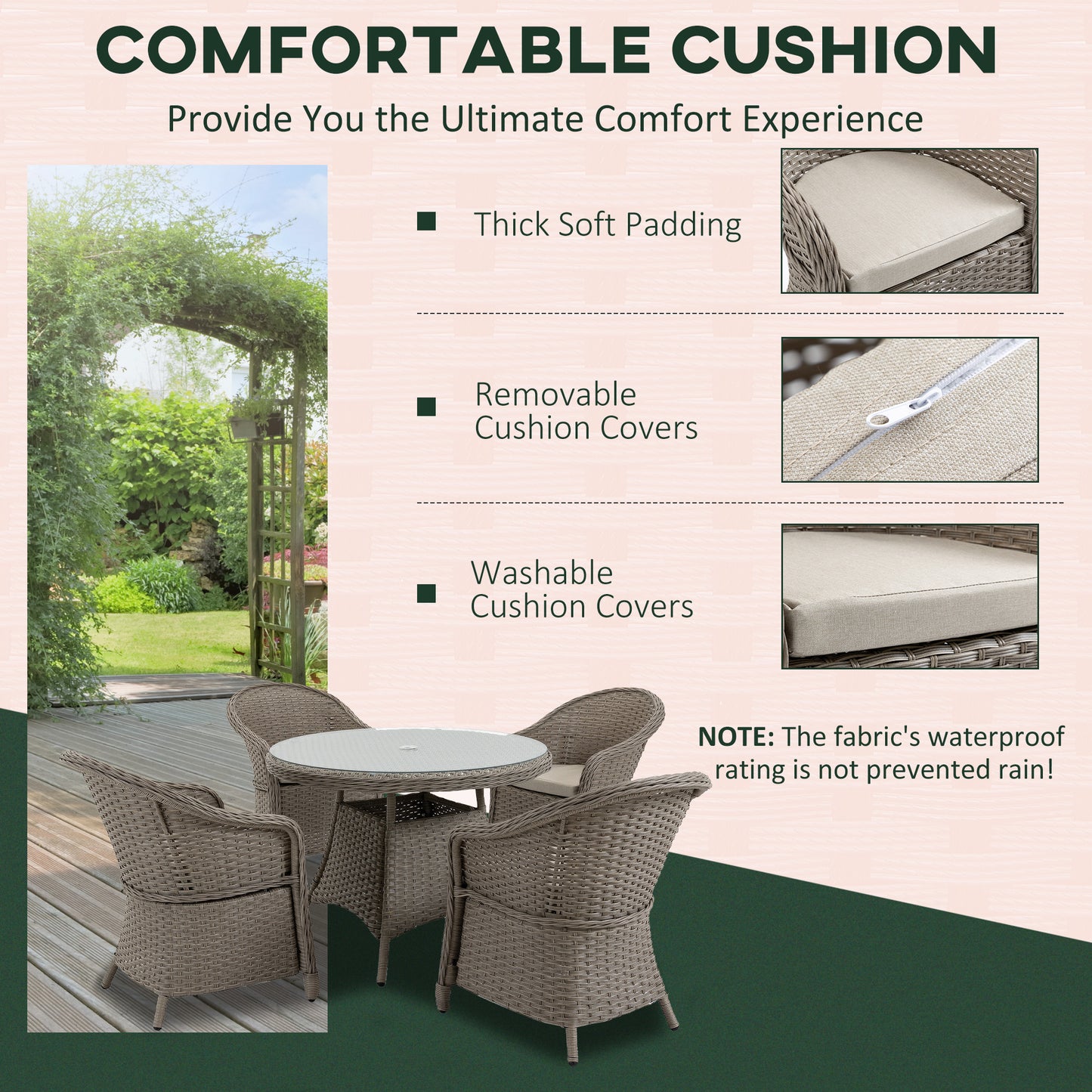 Vifi Rattan Grey 4 Seater Outdoor Dining Set With Glass Table And Cushions