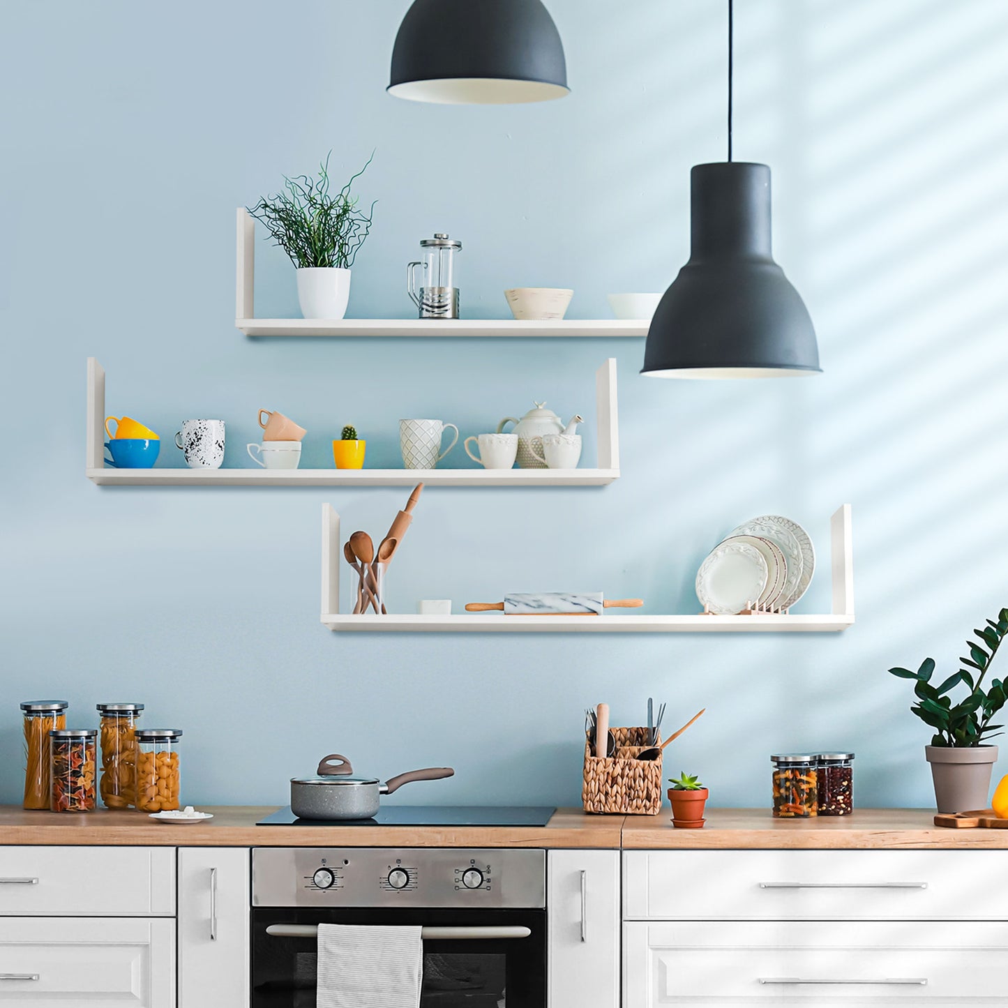 Yosa Toli Wood White Set Of 3 U ShaFauxd Floating Shelves 80 cm Wall Mounted