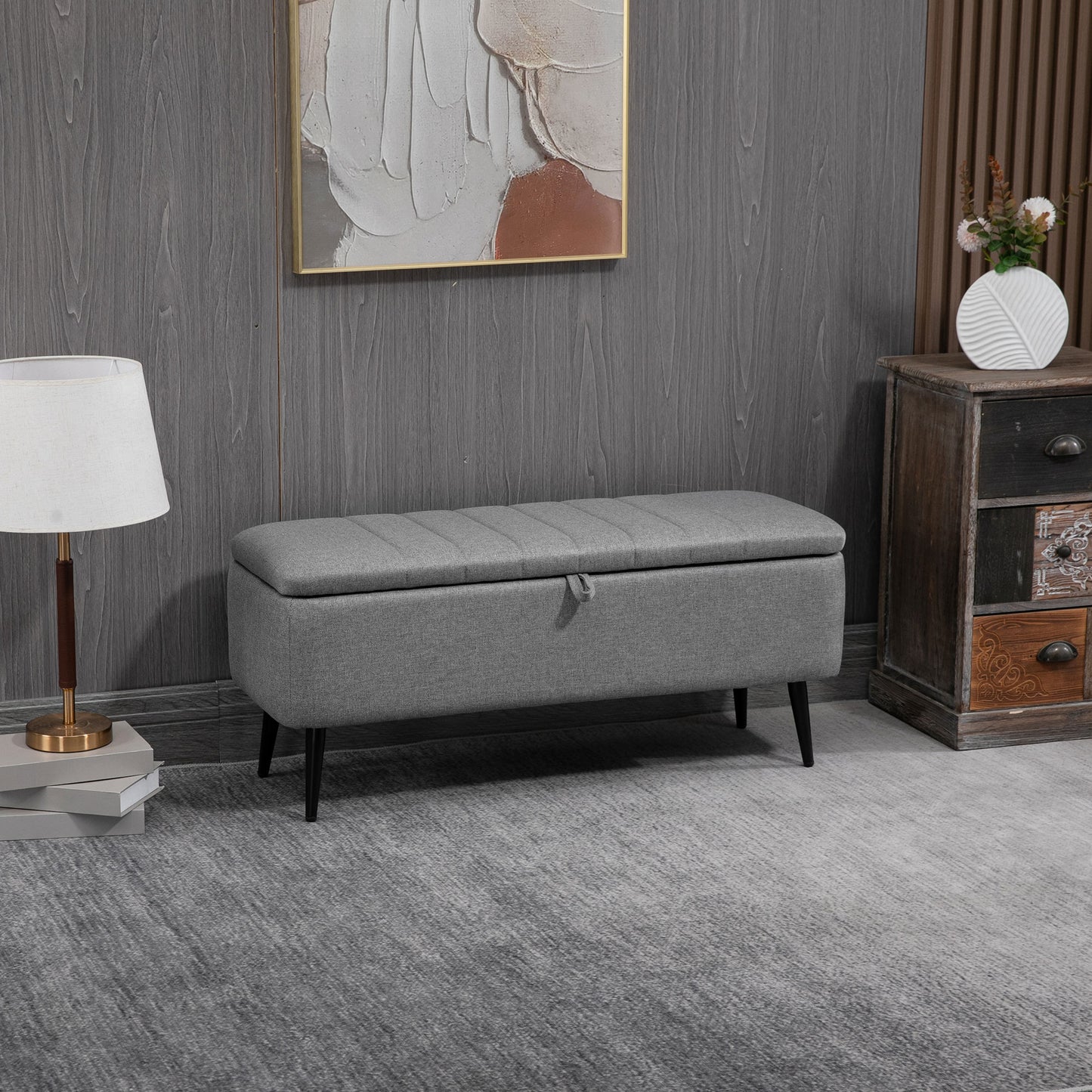 Kala Fabric Grey Rectangular Storage Ottoman Bench With Flip Top And Steel Legs