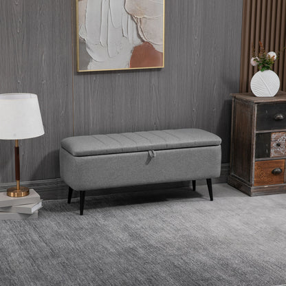 Kala Fabric Grey Rectangular Storage Ottoman Bench With Flip Top And Steel Legs