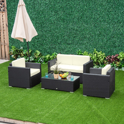 Elrolo Rattan Black 4 Seater Outdoor Sofa Set With White Cushions and Rectangular Coffee Table Glass Top