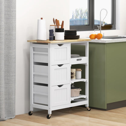 Lonoronno Wooden White Compact Rolling Kitchen Island With Natural 3 Shelves 3 Drawers