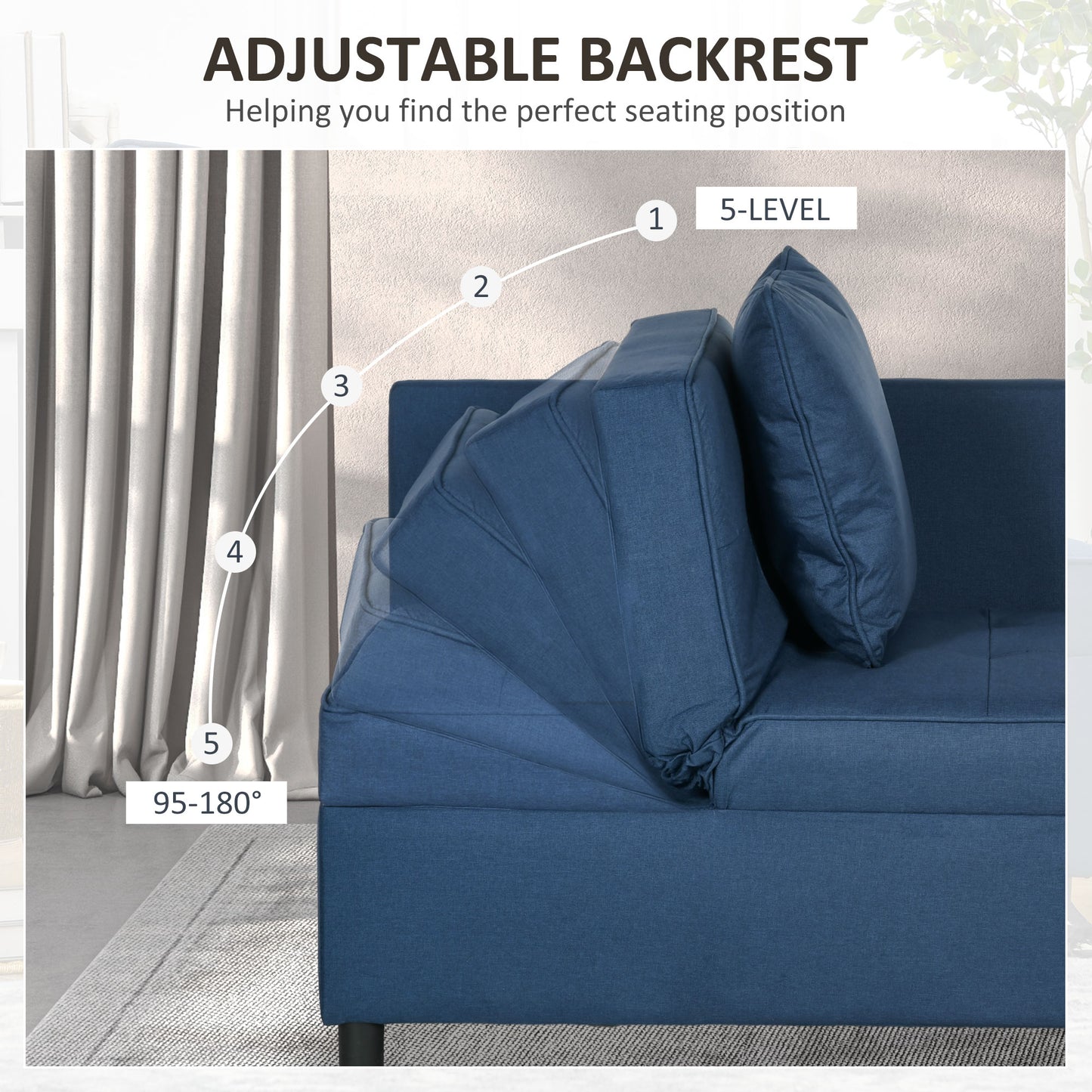 Sumima Fabric Blue 3 In One Convertible Single Sofa Bed With 5 Position Adjustable Back
