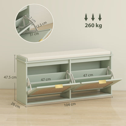 Rika Wooden Light Green Boho Style Shoe Bench With Cushioned Seat And 2 Flip Drawers