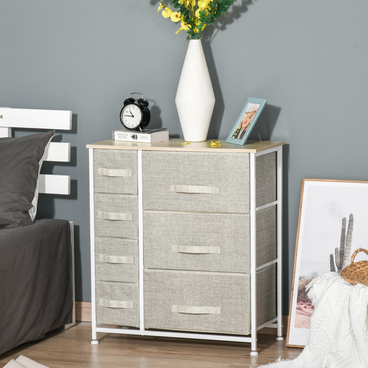Lireta White Metal And Grey Fabric 7 Drawer Storage Chest with Natural Wooden Top