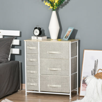 Lireta White Metal And Grey Fabric 7 Drawer Storage Chest with Natural Wooden Top