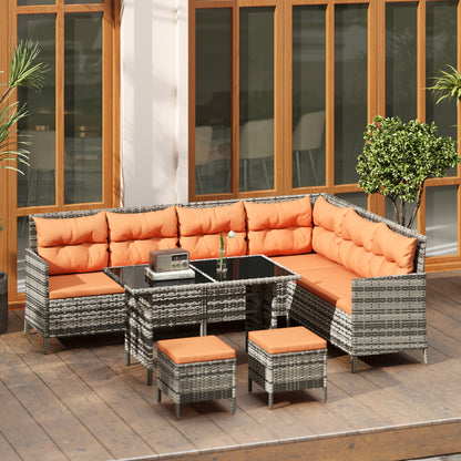 Tasu Rattan Orange And Grey 7 Seater Outdoor Sofa Set With Cushions And Glass Tables