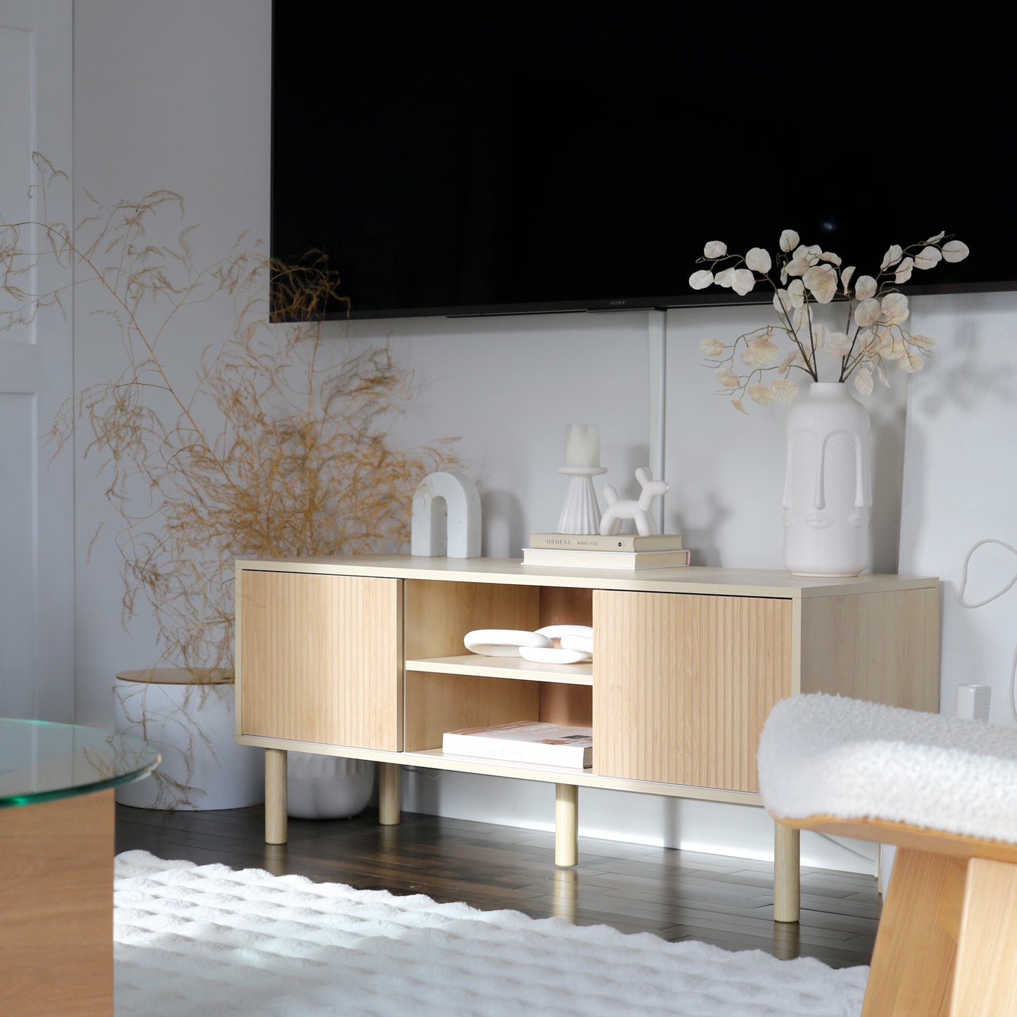 Rodo Wooden Oak Effect TV Storage Unit With Sliding Door Design