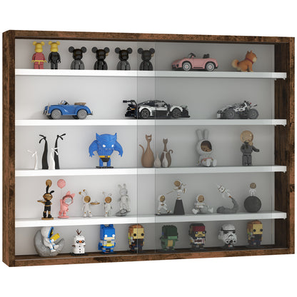 Fitora Wood And Glass Rustic Brown 5 Tier Wall Display Cabinet With Adjustable Shelves 60 x 80 cm