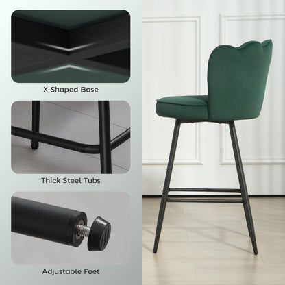 Ralu Velvet Dark Green Lotus Style Bar Stools Set Of 2 With Sculpted Seat