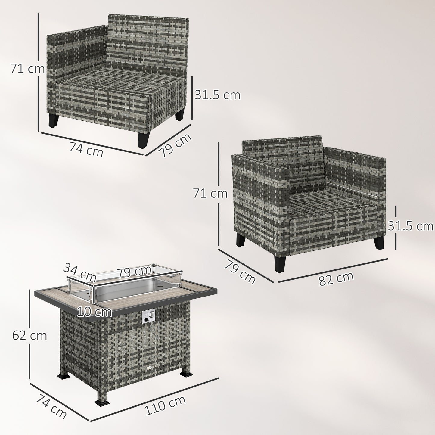 Nerato Grey Rattan 4 Seater Garden Furniture Set With Gas Fire Pit Table
