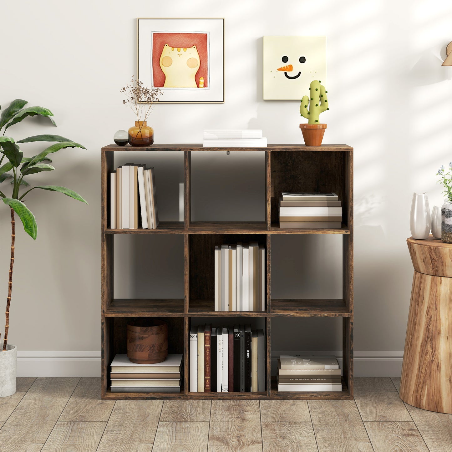 Toleel Wooden Rustic Brown 9 Cube Storage Bookcase