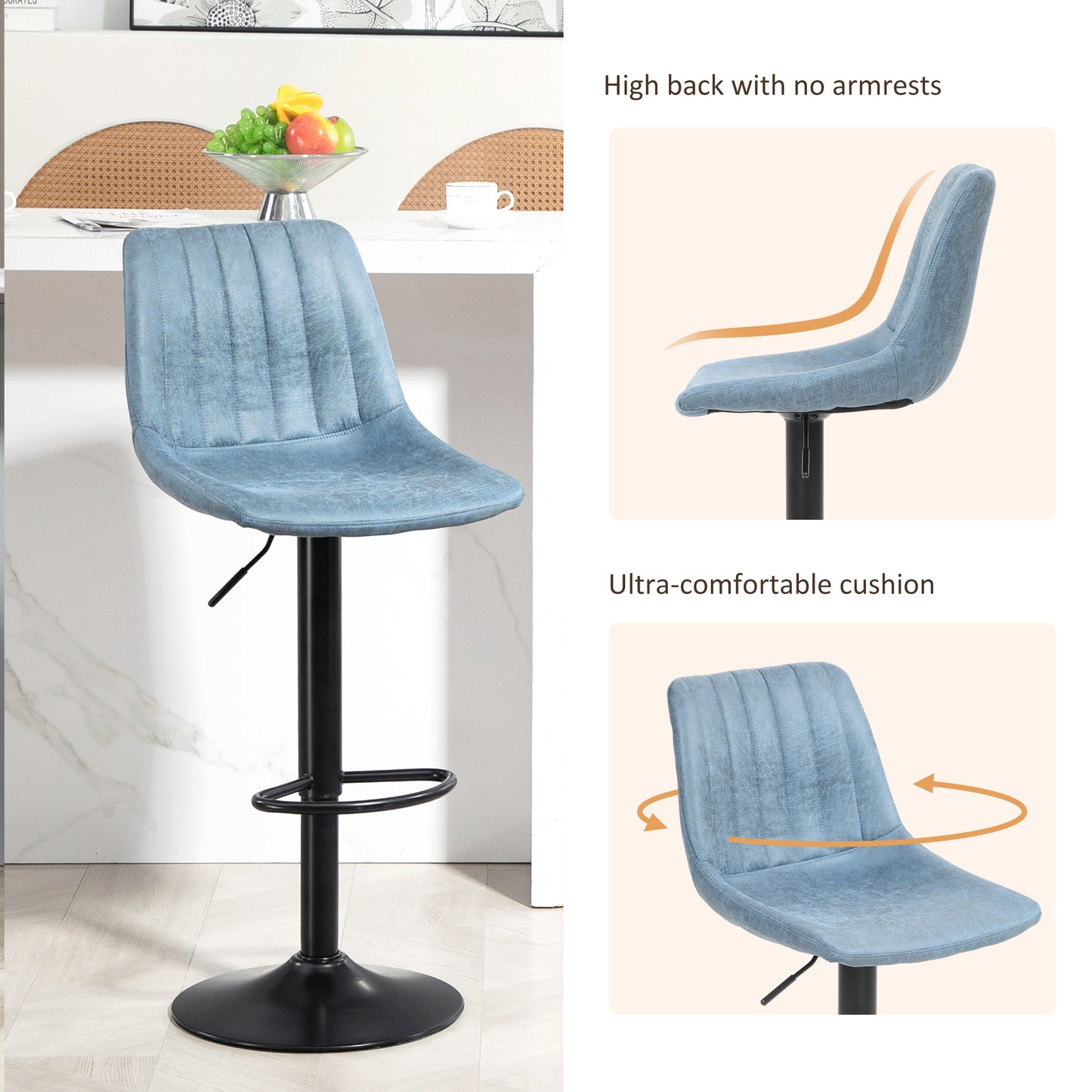 Bakana Fabric Blue Retro Tub Style Bar Stools Set Of 2 With Padded Seats