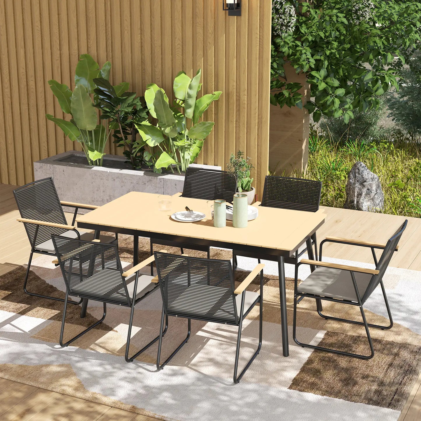 Karutte 6 Seater Garden Dining Set featuring Soft Cushions Rattan Backrest Rectangular Plastic Top Garden Furniture Set Outdoor Dining Table & Chairs for Patio Balcony Poolside Nature Wood Finish