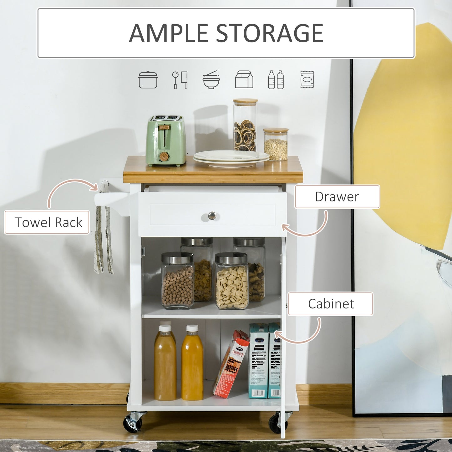 Sofi Wooden White Kitchen Trolley With Drawer Cupboard And Towel Rail
