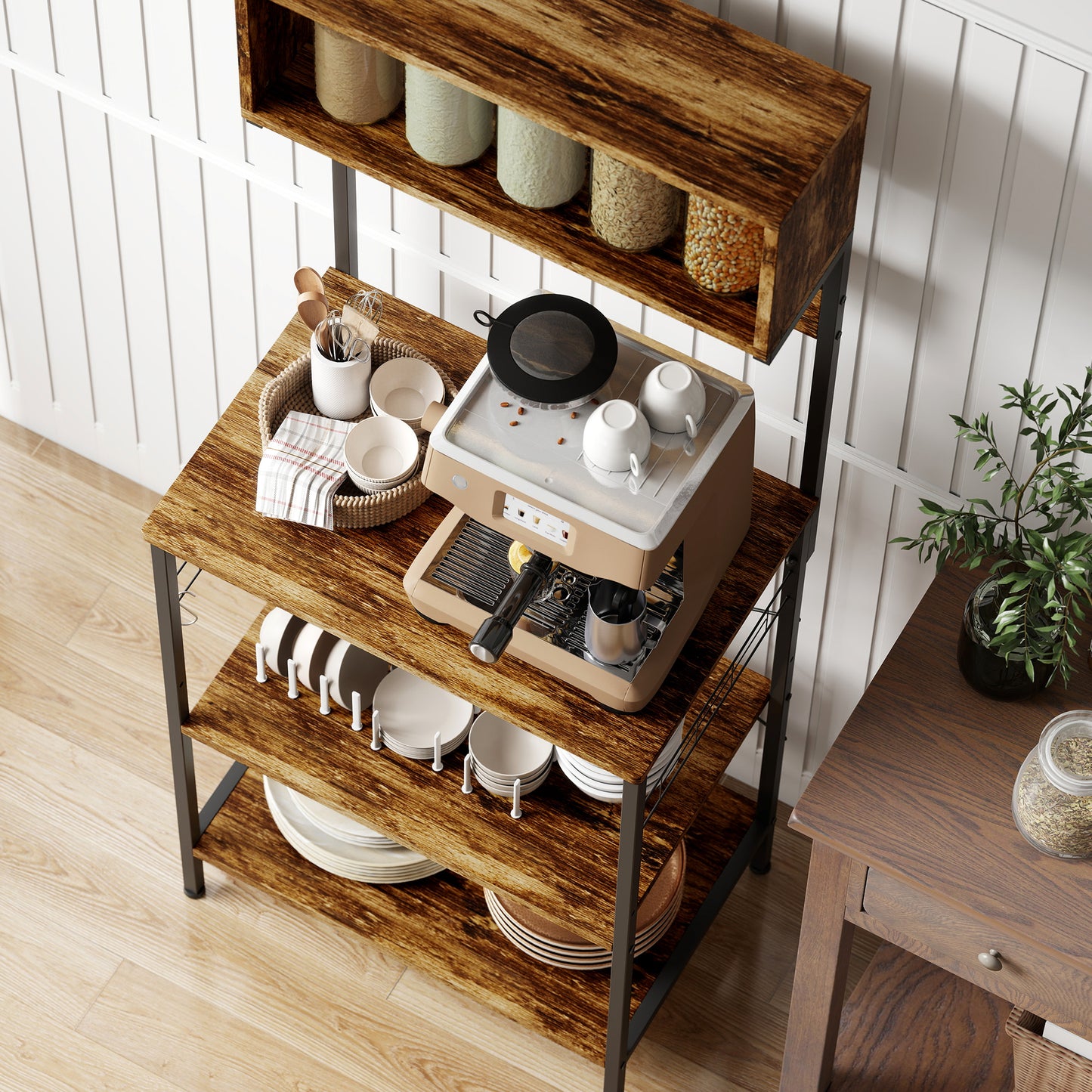 Raco Kale Wooden Rustic Brown Bakers Rack With Power Outlet USB Charging And Adjustable Shelves
