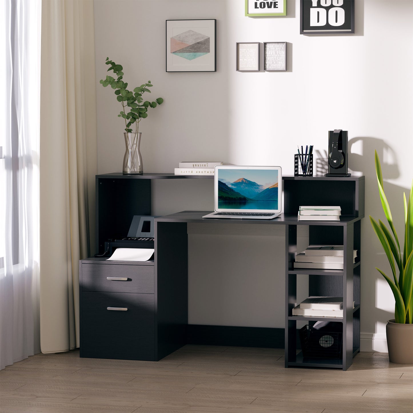Tapava 137cm Wooden Black Large Office Desk With Shelves Drawers And Printer Stand
