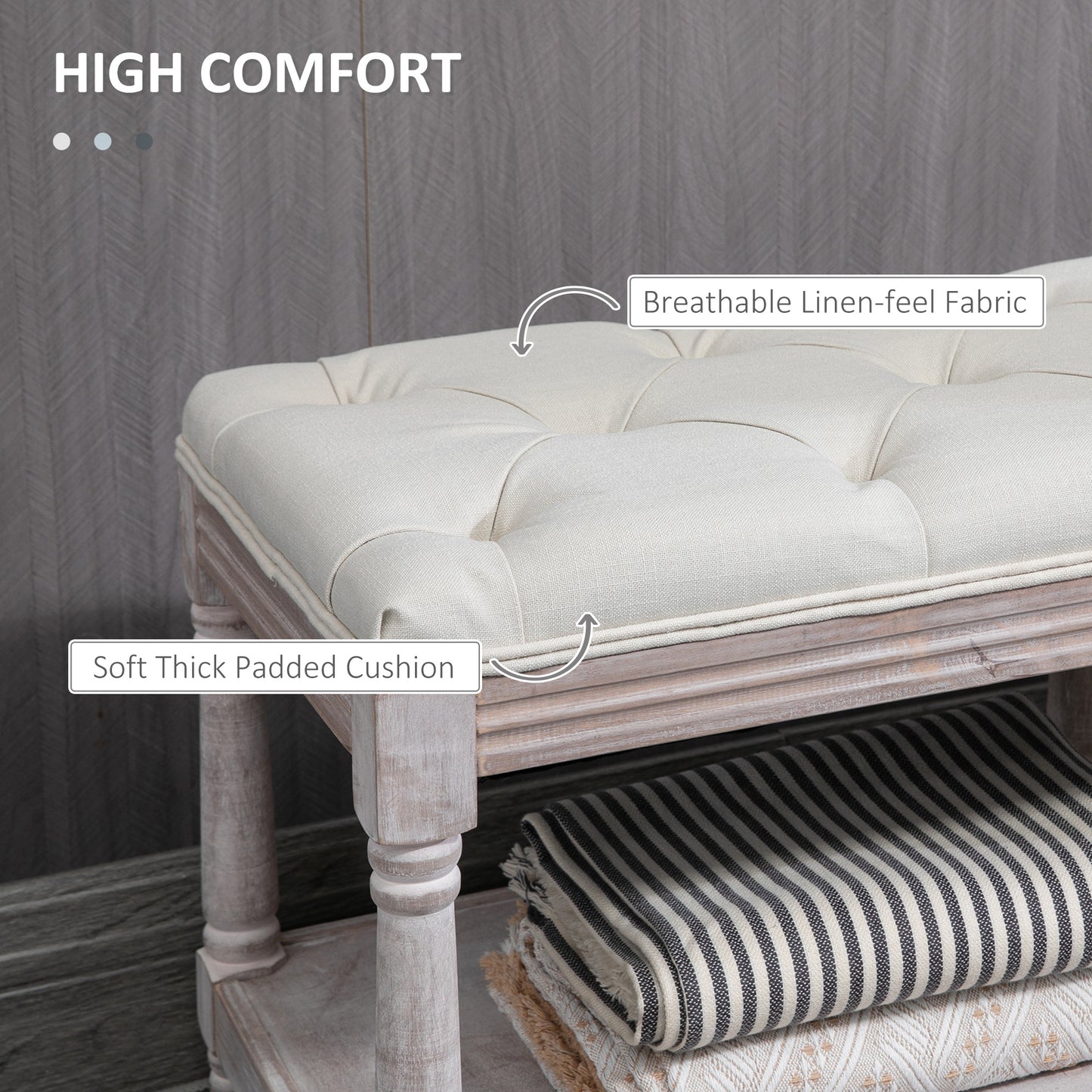 Lono Cream  2 Tier Vintage Style Bed End Bench With Storage Shelf Tufted Diamond