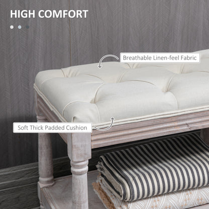 Lono Cream  2 Tier Vintage Style Bed End Bench With Storage Shelf Tufted Diamond