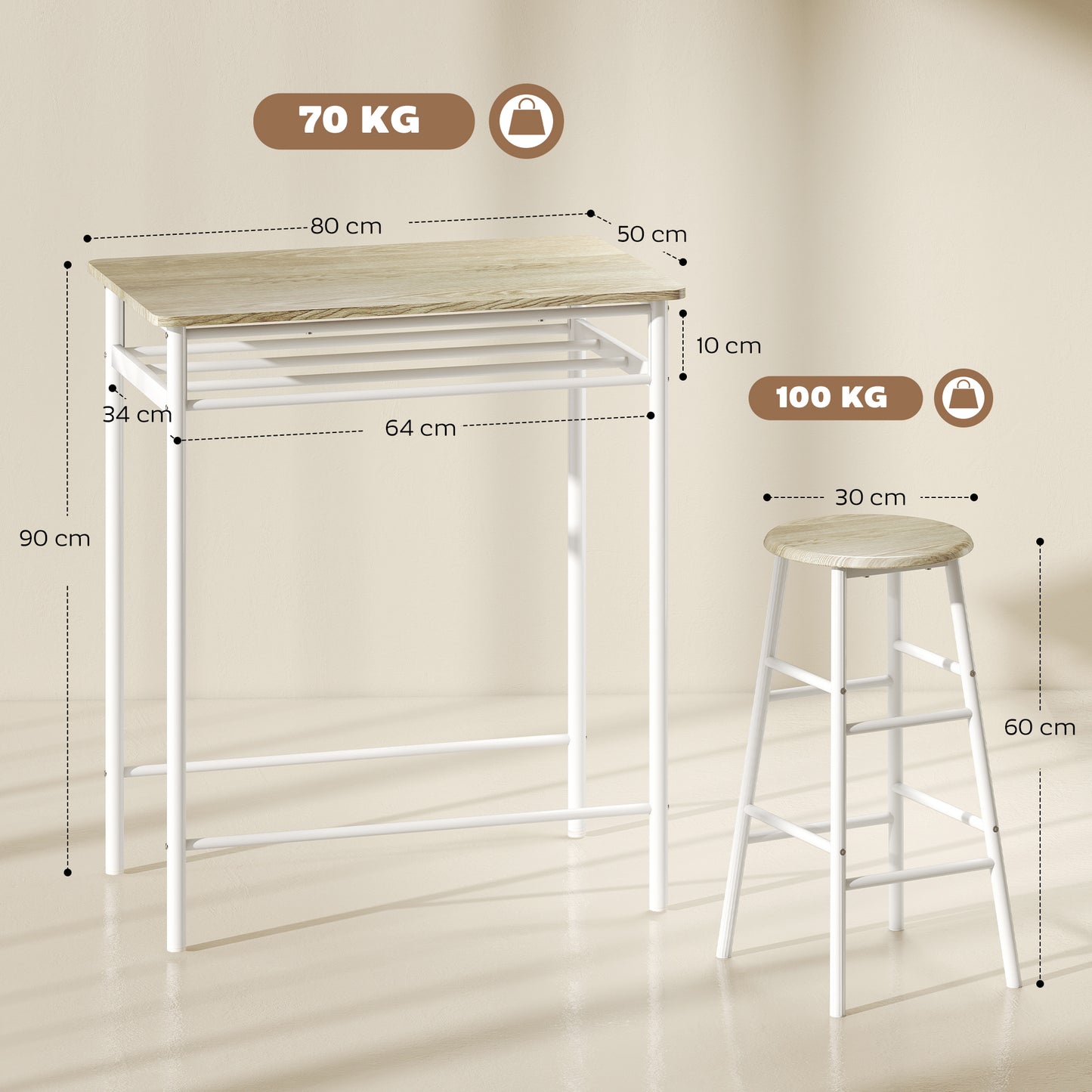 Fira Rodo Metal And Wooden White And Oak Breakfast Bar Table And Stool Set With Storage