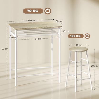 Fira Rodo Metal And Wooden White And Oak Breakfast Bar Table And Stool Set With Storage