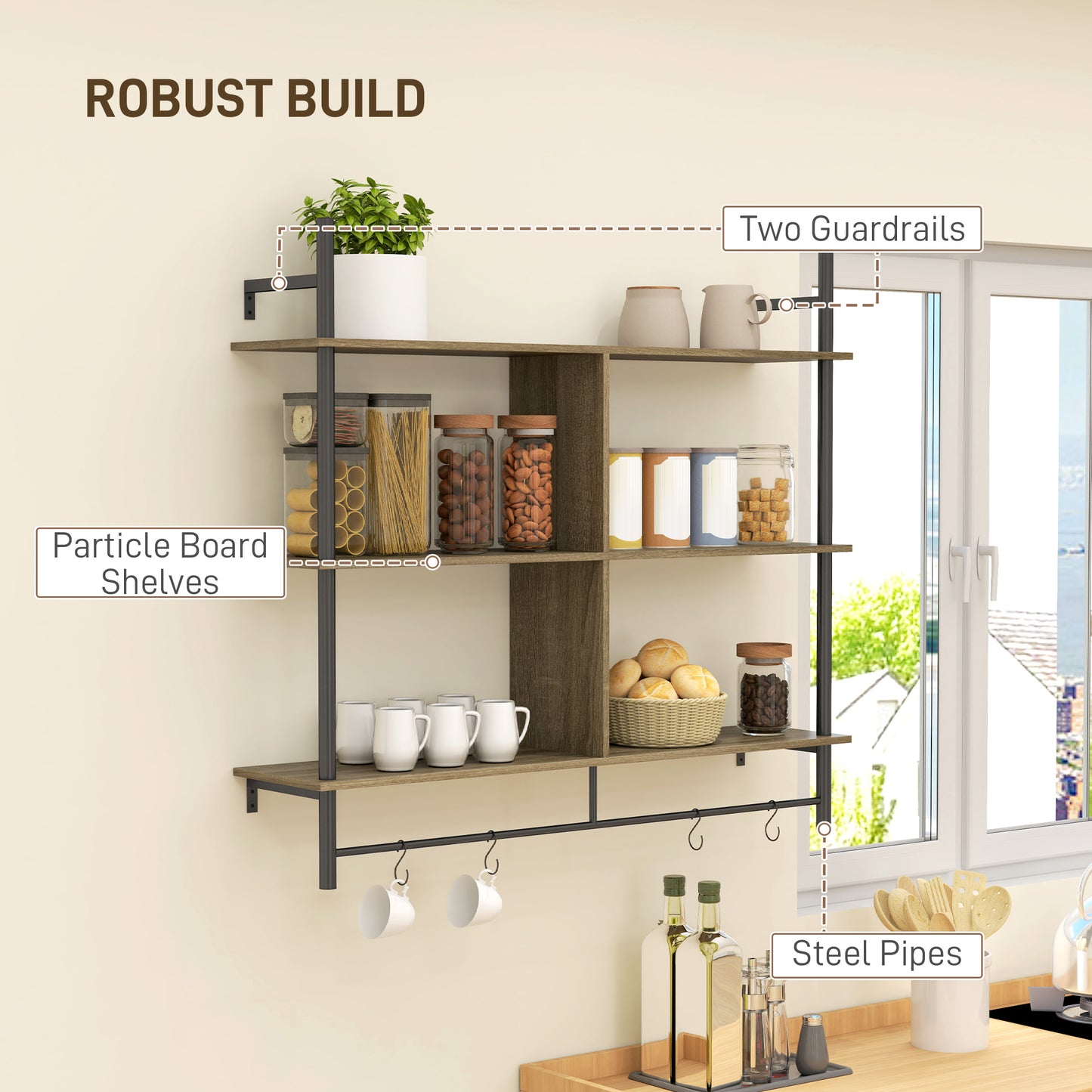 Doso Yoli Wood Effect Grey 3 Tier Floating Wall Shelves