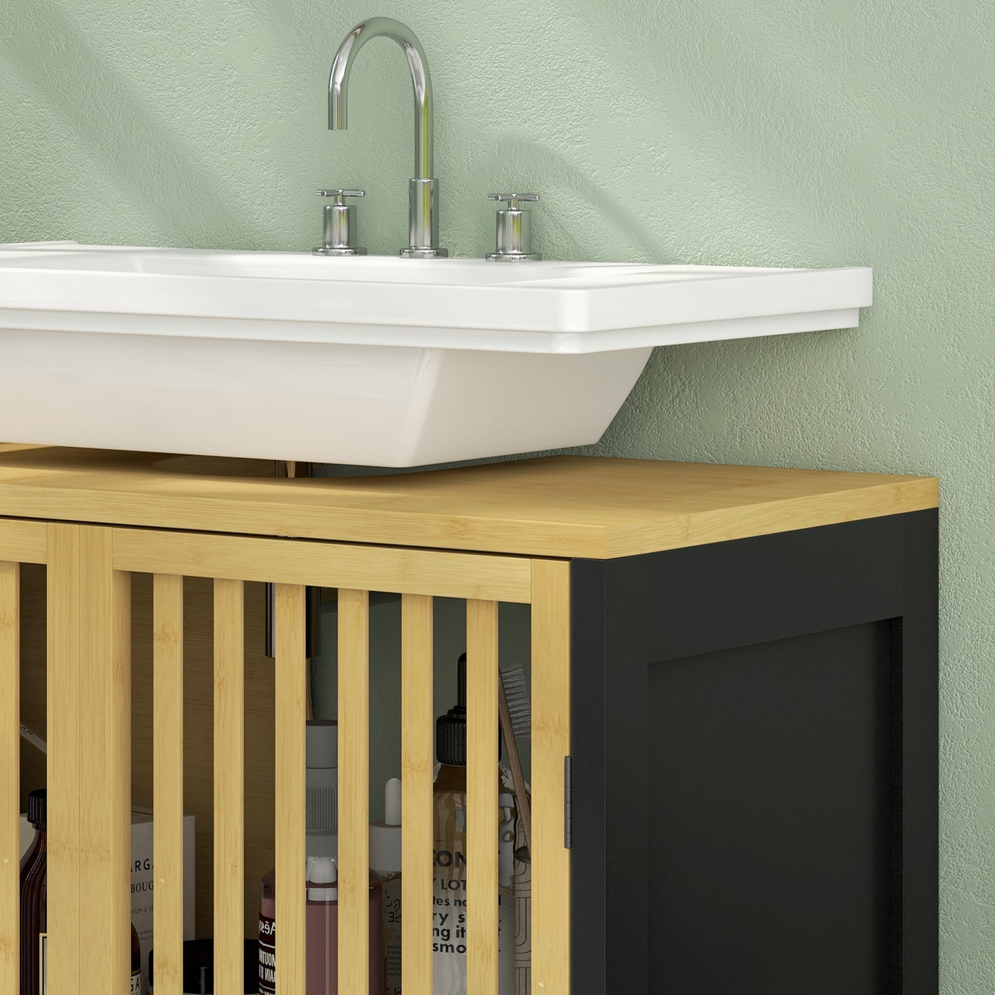 Rotove Bamboo Style Under Sink Bathroom Storage Cabinet With Cut Out Front