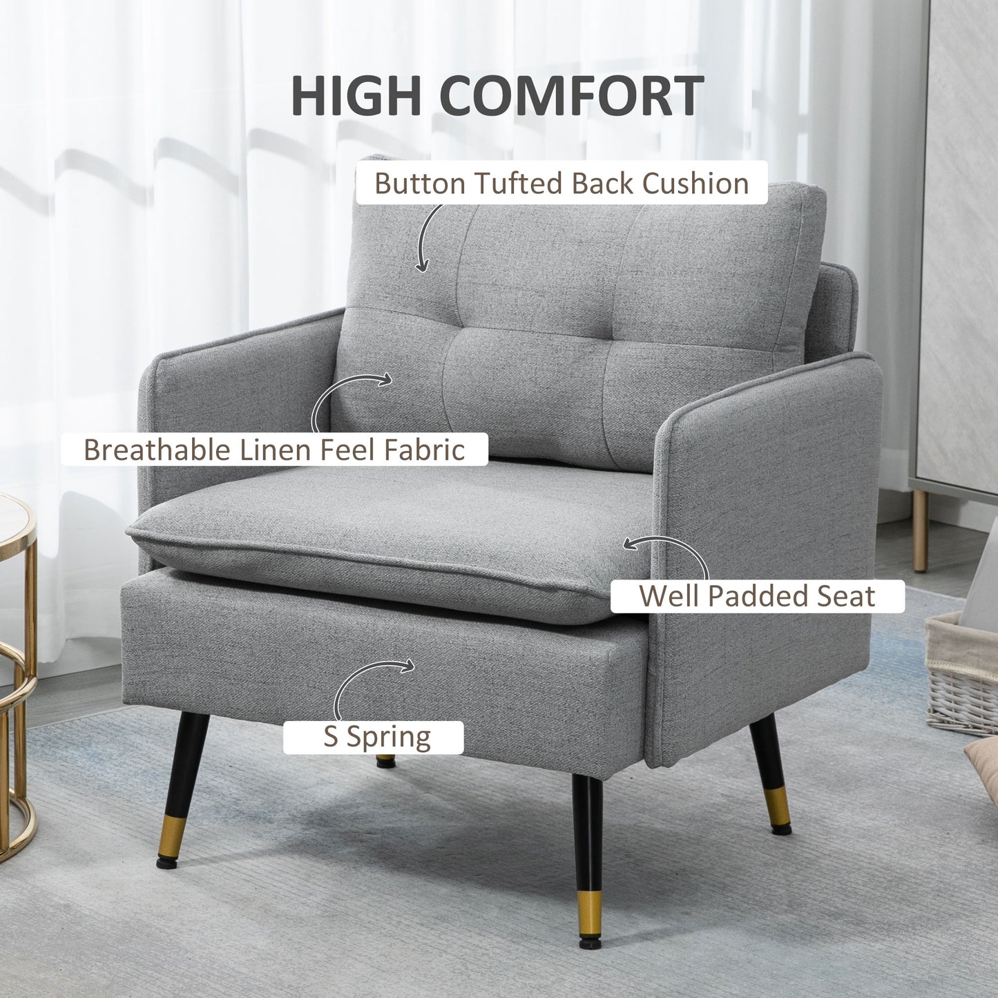 Ravane Tola Fabric Grey Button Tufted Accent Chair For Living Room Or Bedroom