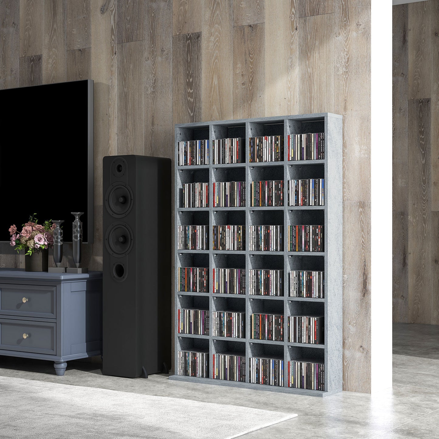 Kavilu Wood Cement Grey CD Storage Cabinet With Adjustable Shelves 89 x 130.5 cm