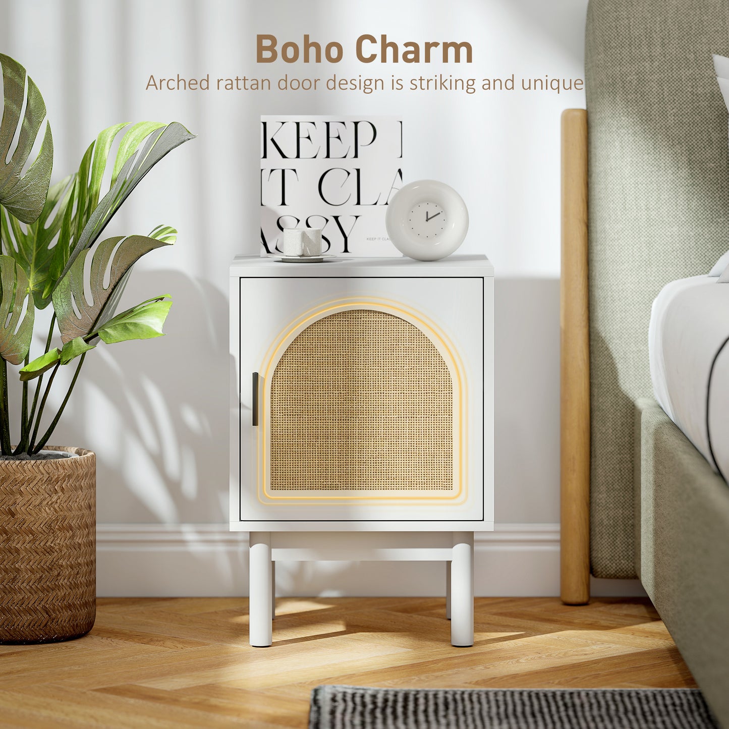 Luna White Wooden Rattan Bedside Table With Door