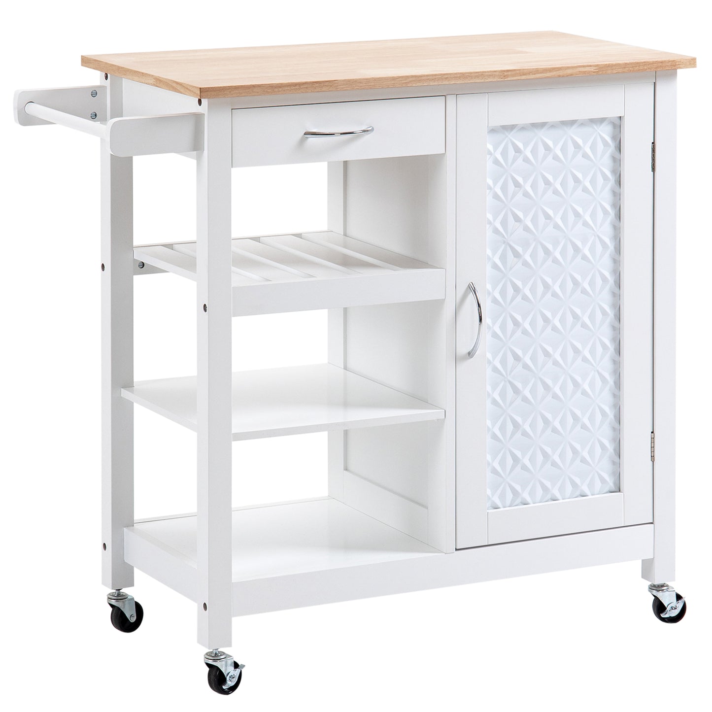 Cottalo Wooden White Rolling Kitchen Trolley With Embossed Door Panels And 3 Storage Shelves