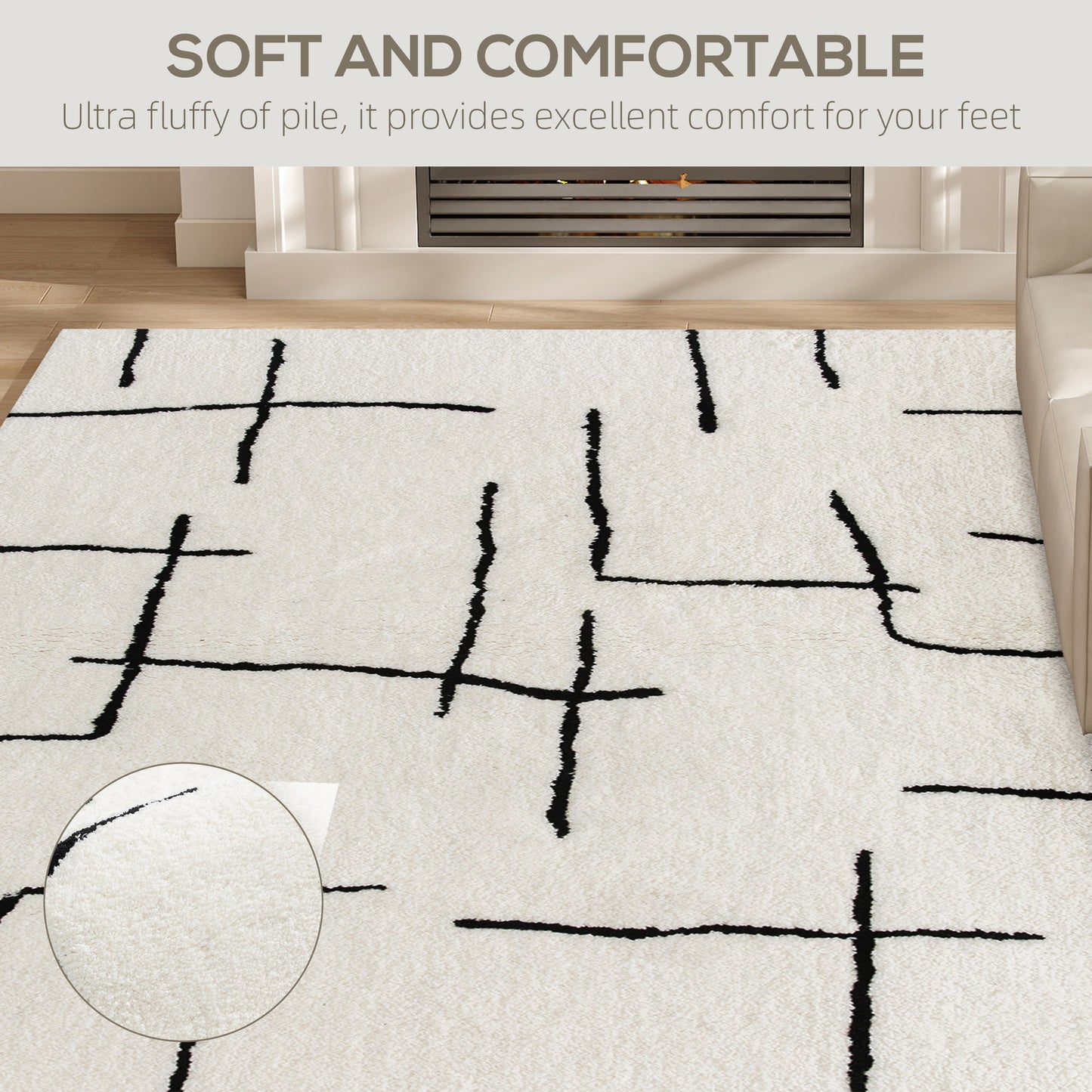 Soelvi White and Black Fluffy High Pile Geometric Rug 170 x 120cm
