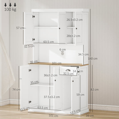 Moviel 180cm Tall Wooden White Kitchen Storage Cabinet With Open Counter Drawers And 6 Doors