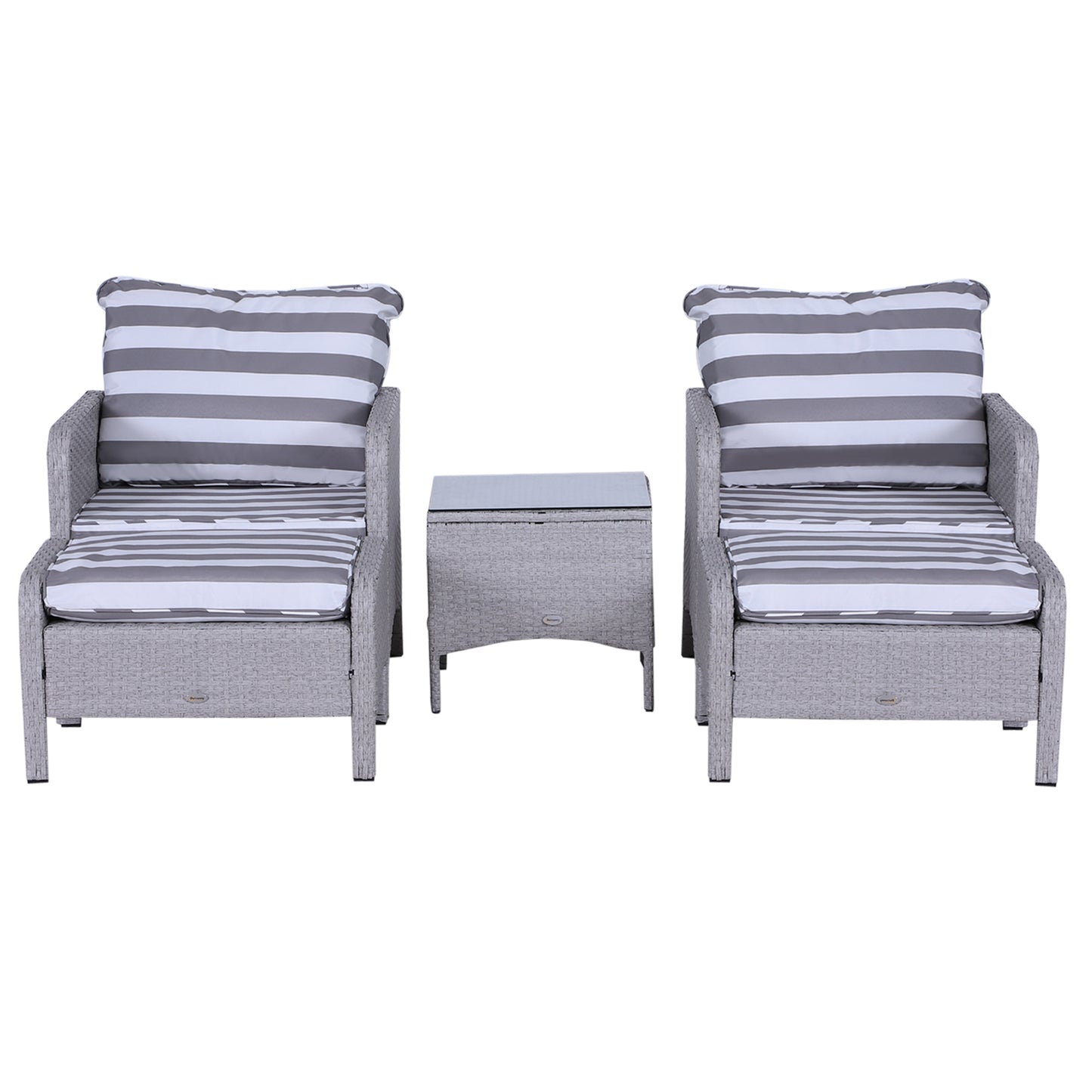 Sonova Faux Rattan Grey And White Stripes 5 Piece Outdoor Bistro Set Stools and Glass Table