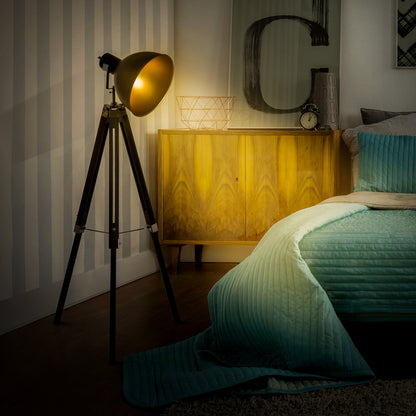 Cono Wood And Metal Black And Gold Adjustable Tripod Spotlight Floor Lamp