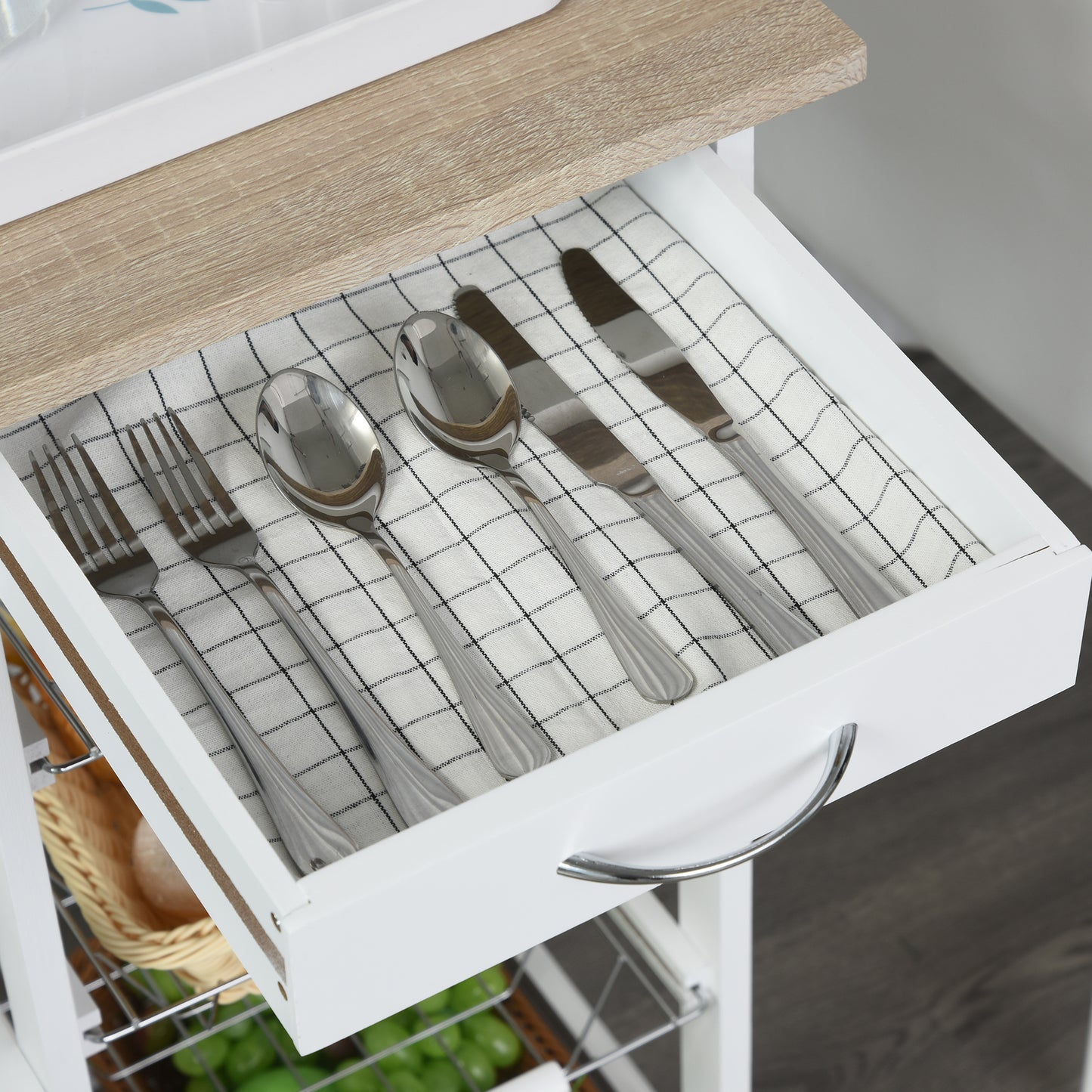 Norili Metal Natural And White Rolling Kitchen Cart With 4 Basket Drawers And Side Racks