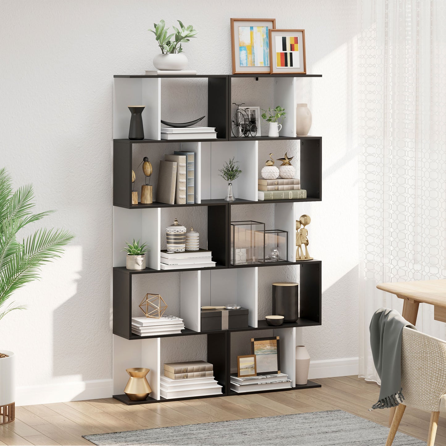 Noli Diha Wood And Metal Black And White S ShaFauxd Freestanding Bookcase With 5 And 6 Tier Layout