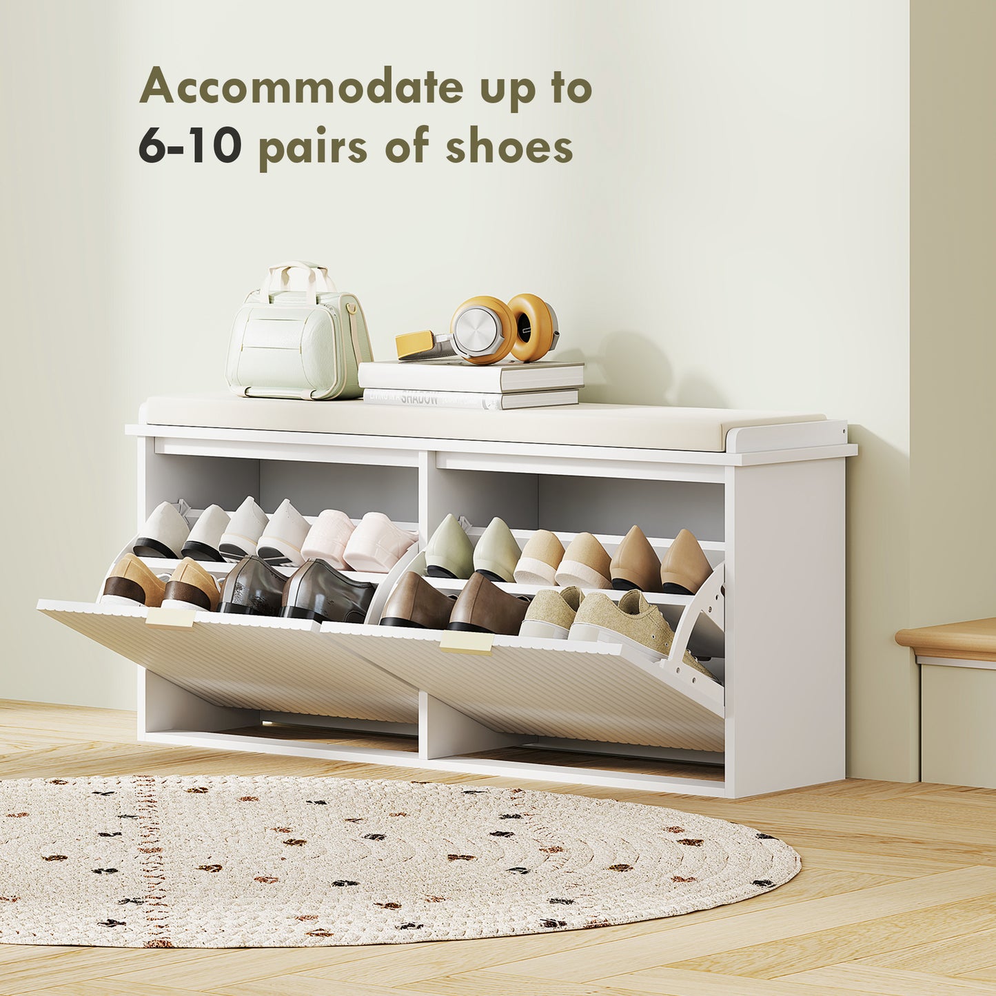 Fasu Liha Wooden White 10 Pair Shoe Bench With Cushioned Top