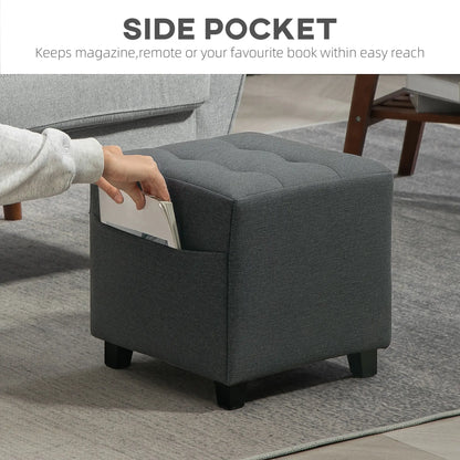 Linen Grey Compact Square Footstool With Side Pocket And Black Wooden Legs
