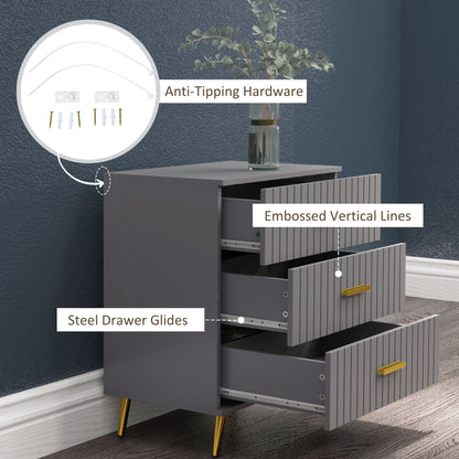 Momase Tall Wooden Grey And Gold Tone 3 Drawer Embossed Bedside Table