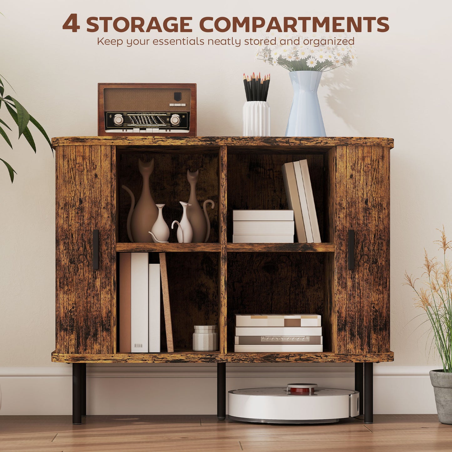 Lasa Rustic Brown Mid Century Sideboard With Slatted Sliding Doors And Steel Legs