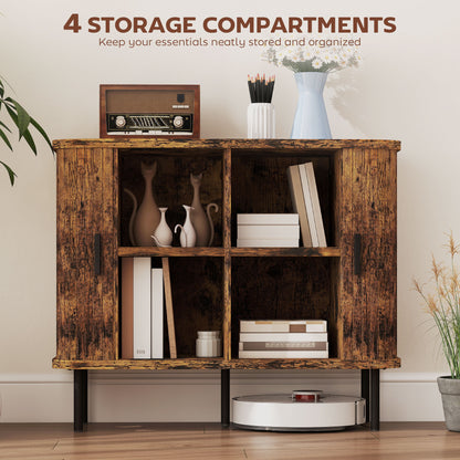 Lasa Rustic Brown Mid Century Sideboard With Slatted Sliding Doors And Steel Legs