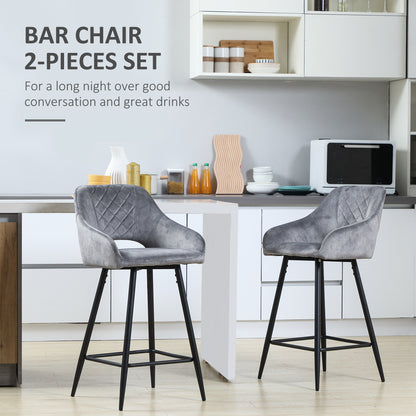 Zire Set Of 2 Grey Velvet Fabric Counter H8 Bar Chairs With Steel Legs