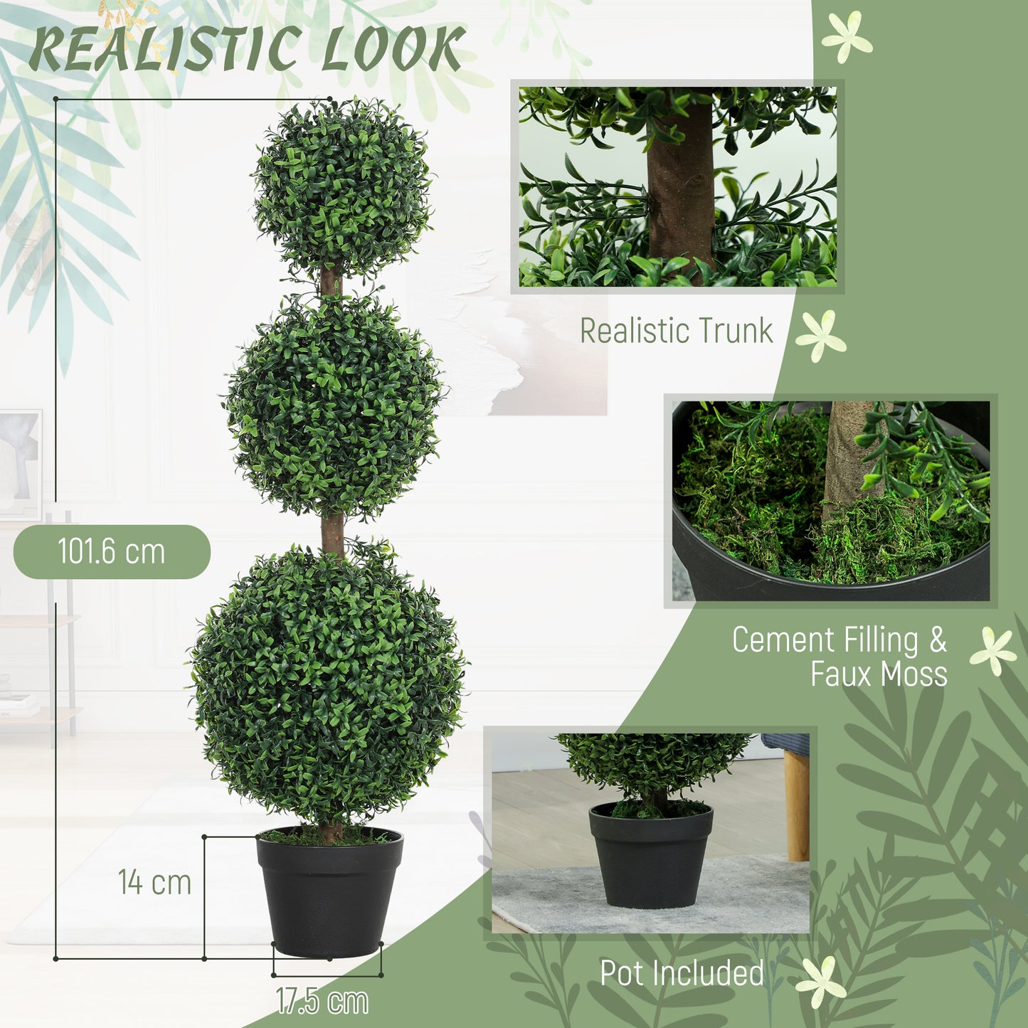 Rafile Set Of 2 Artificial Boxwood Topiary Trees With Triple Ball Design H8 100cm