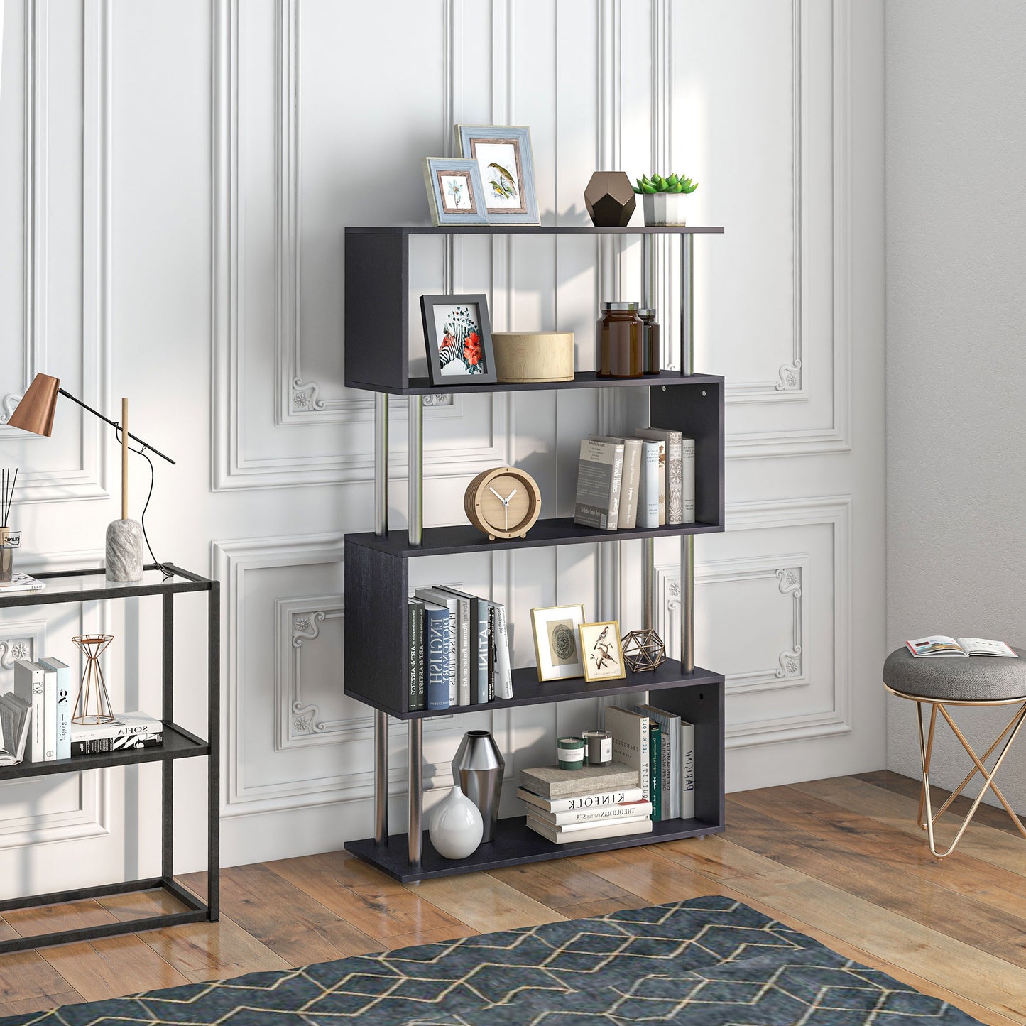 Fire Wood Black 5 Tier S ShaFauxd Freestanding Bookcase