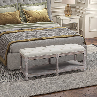 Lono Cream  2 Tier Vintage Style Bed End Bench With Storage Shelf Tufted Diamond